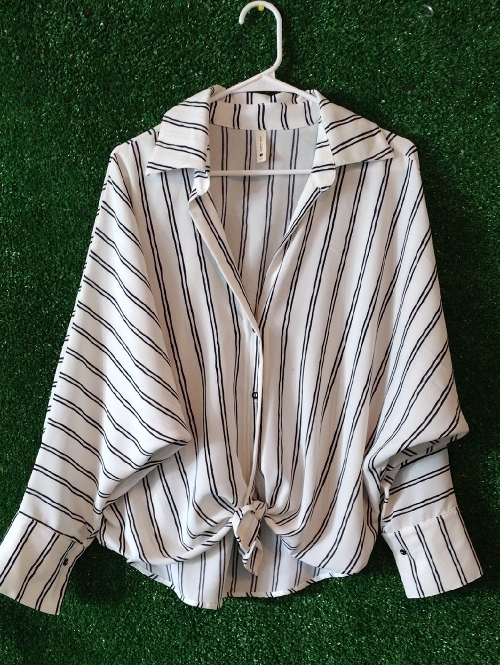 Tyche Black and White Striped Button-Down Tie-Front Shirt